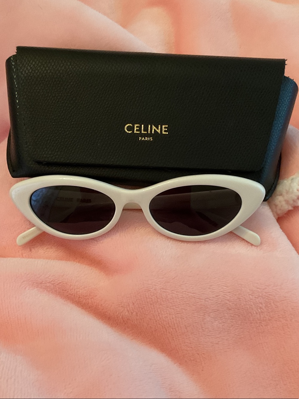 Celine Black and White Cat-Eye Sunglasses with Gold Logo Case
